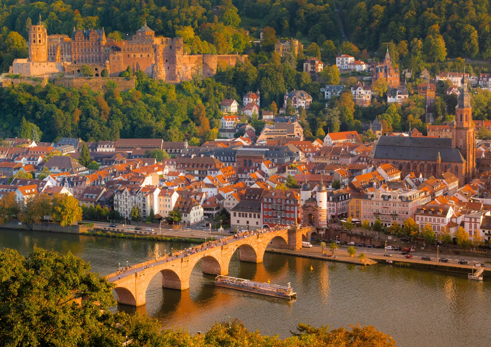 Alte Brücke, Altstadt und Schloss in Heidelberg im Abendlicht