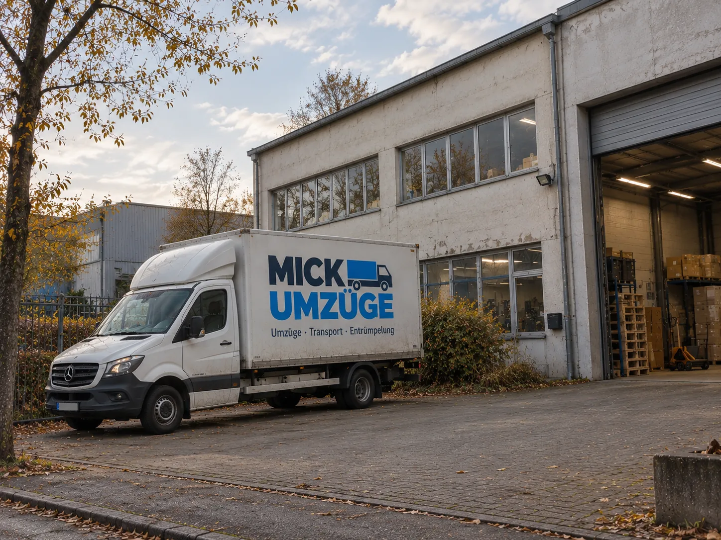Lkw von Mick Umzüge vor der Lagerhalle in Heidelberg
